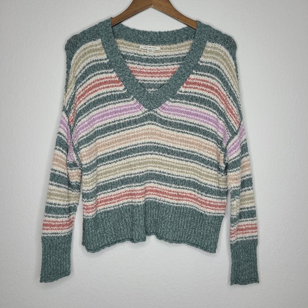 American Eagle Striped V-Neck Cropped Sweater Small